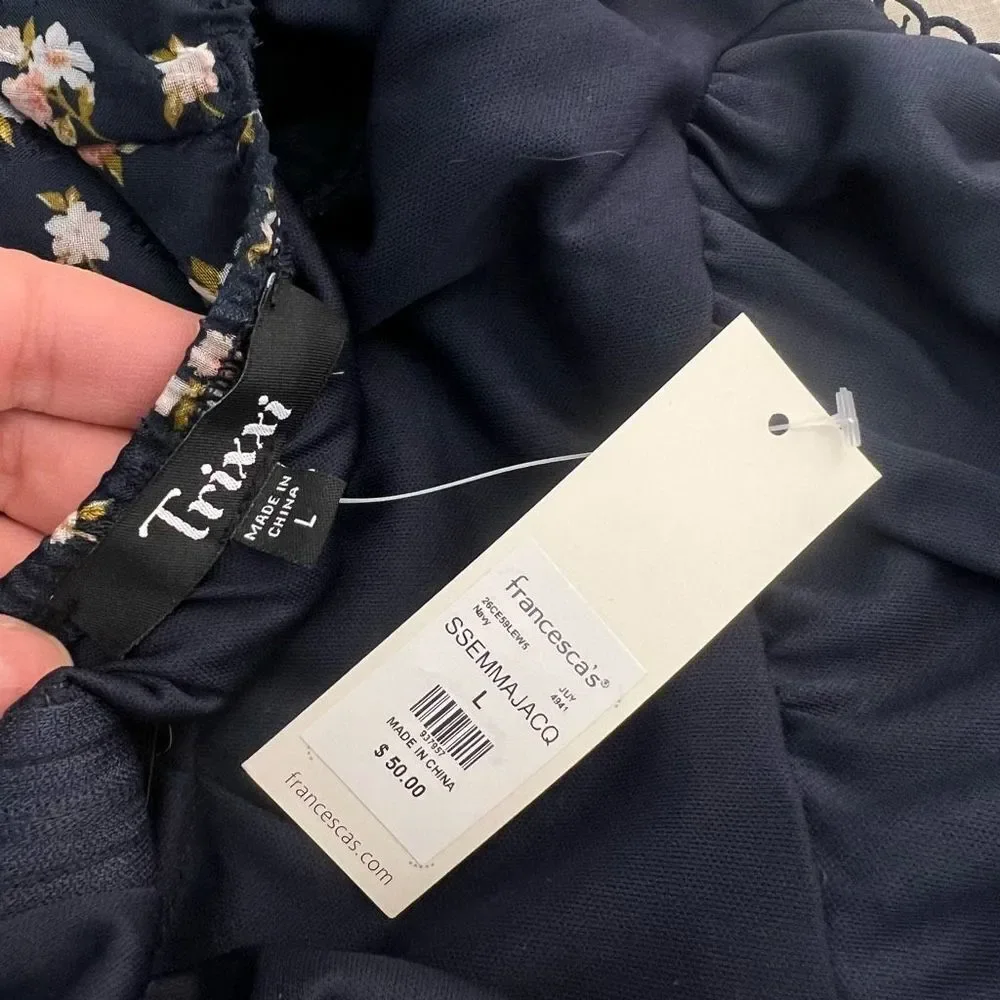 Trixxi Francesca's Willa Floral Puff Sleeve Mini Dress Navy Blue Large NWT - Picture 8 of 11